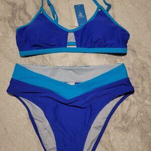 Cupshe Blue Colorblock Bikini Set | V-Waist Bottoms | Large NWT